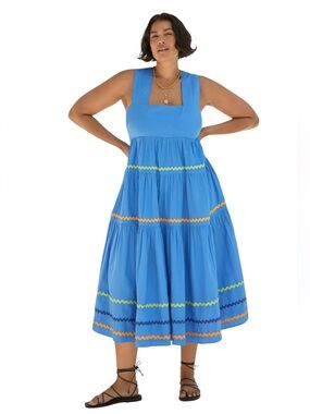 Anthropologie NWOT the Helena square neck tiered midi dress blue rickrack trim